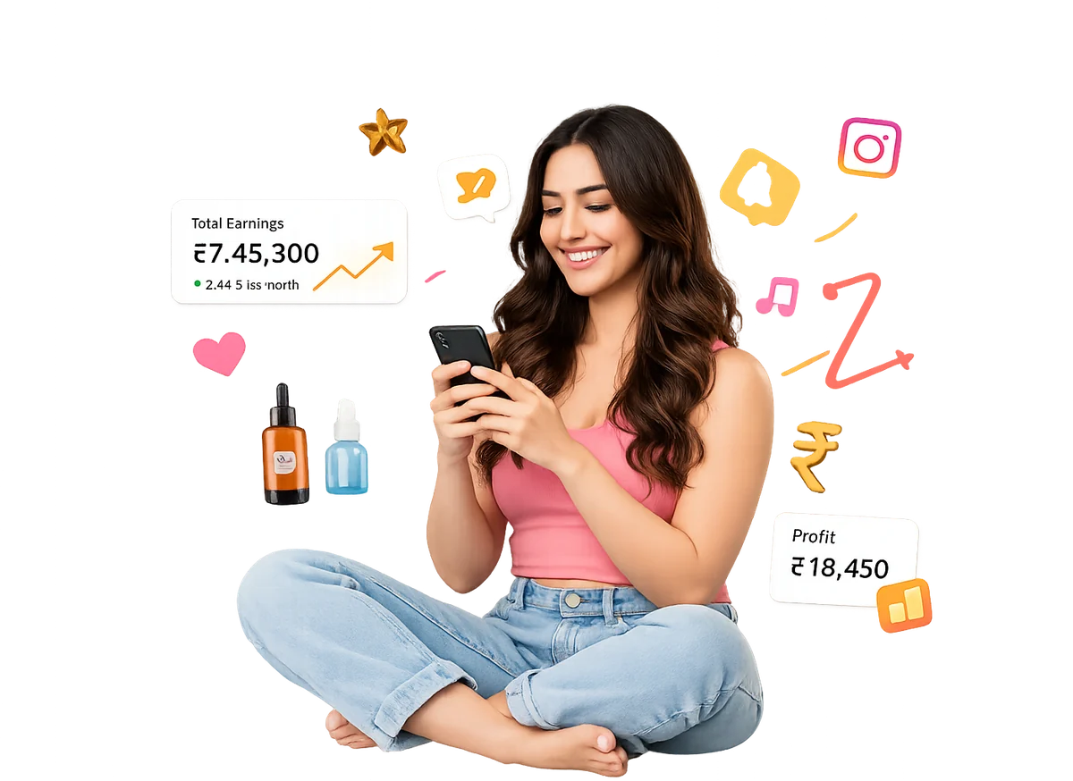 A Witezy creator on her phone with illustrative earnings and profit cards and product highlights around her.
