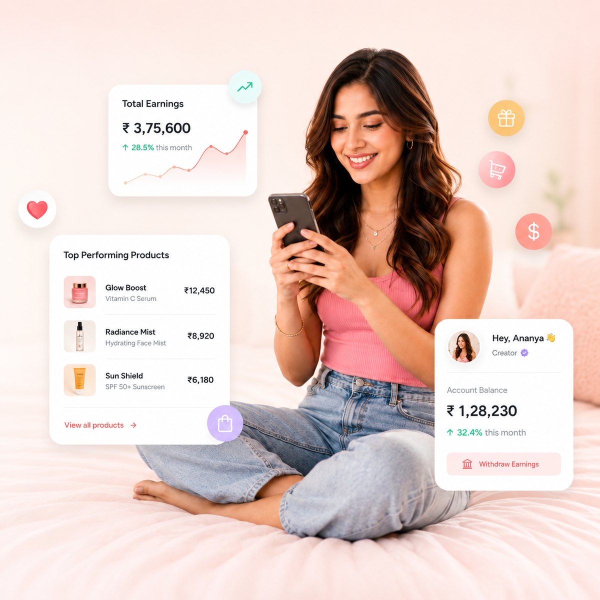 A Witezy creator checking her storefront on her phone, with illustrative earnings, top-product and account-balance cards around her.